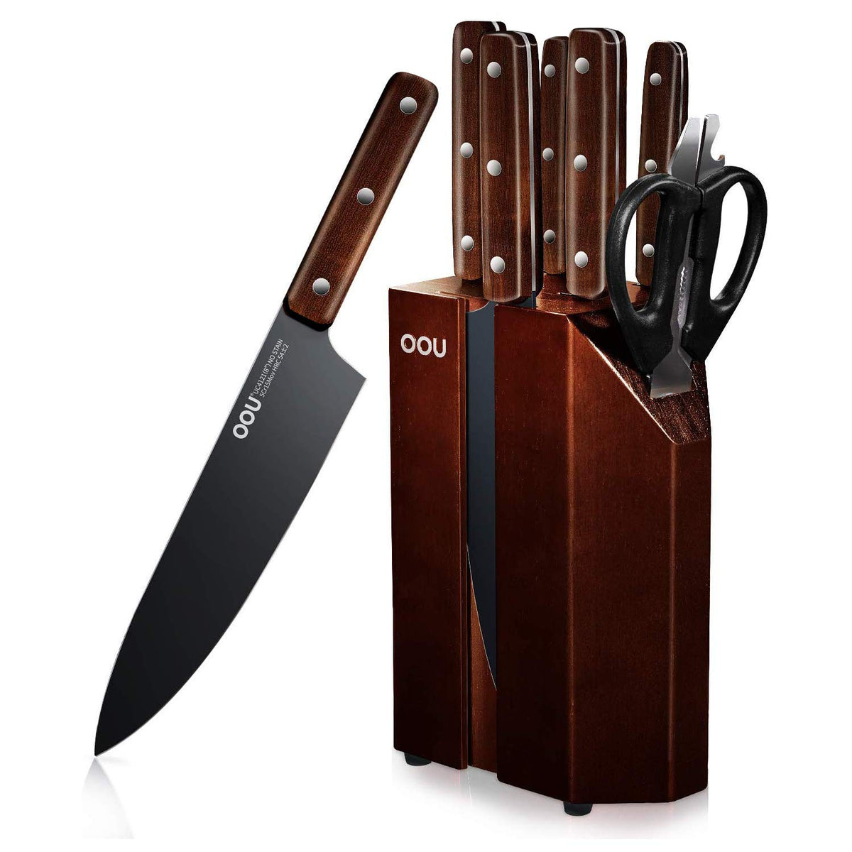 OOU! Kitchen Knife Set with Block, 15 Pcs Professional Chef Knife