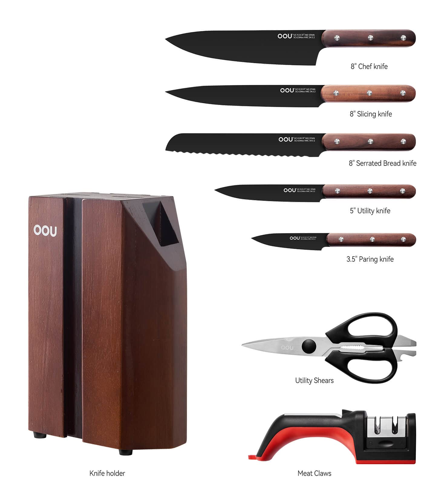  OOU Kitchen Knife Block Set - 15 Pieces High Carbon Stainless  Steel Chef Knife Sets, Anti-Rust Black Knives Set with Built-in Sharpener  Block, Black: Home & Kitchen