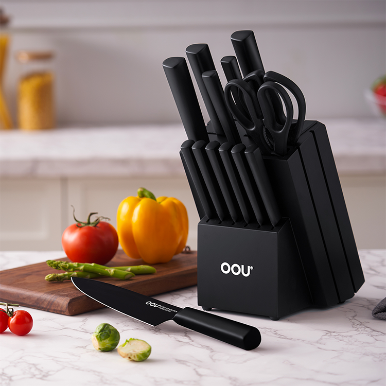 OOU Kitchen Knife Block Set - 15 Pieces High Carbon Stainless Steel Kitchen  Knife Sets, Anti-Rust Black Knife Set with Modern Acrylic Stand :  : Home