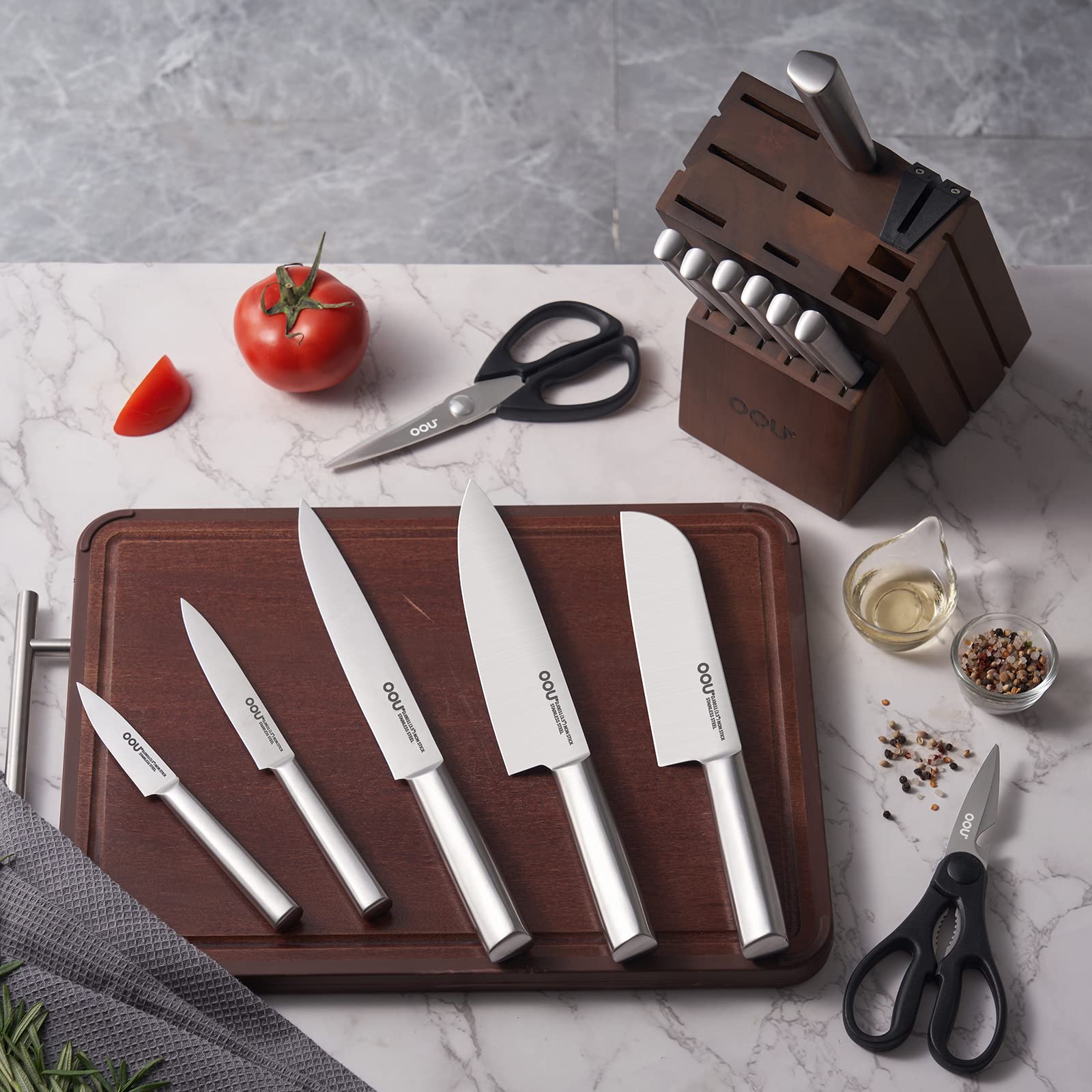 Emojoy Knife Set, 15-Piece Kitchen Knife Set with Block Wooden, Black Handle for Chef Knife Set, German Stainless Steel Cutlery Knife Set, Black Handl